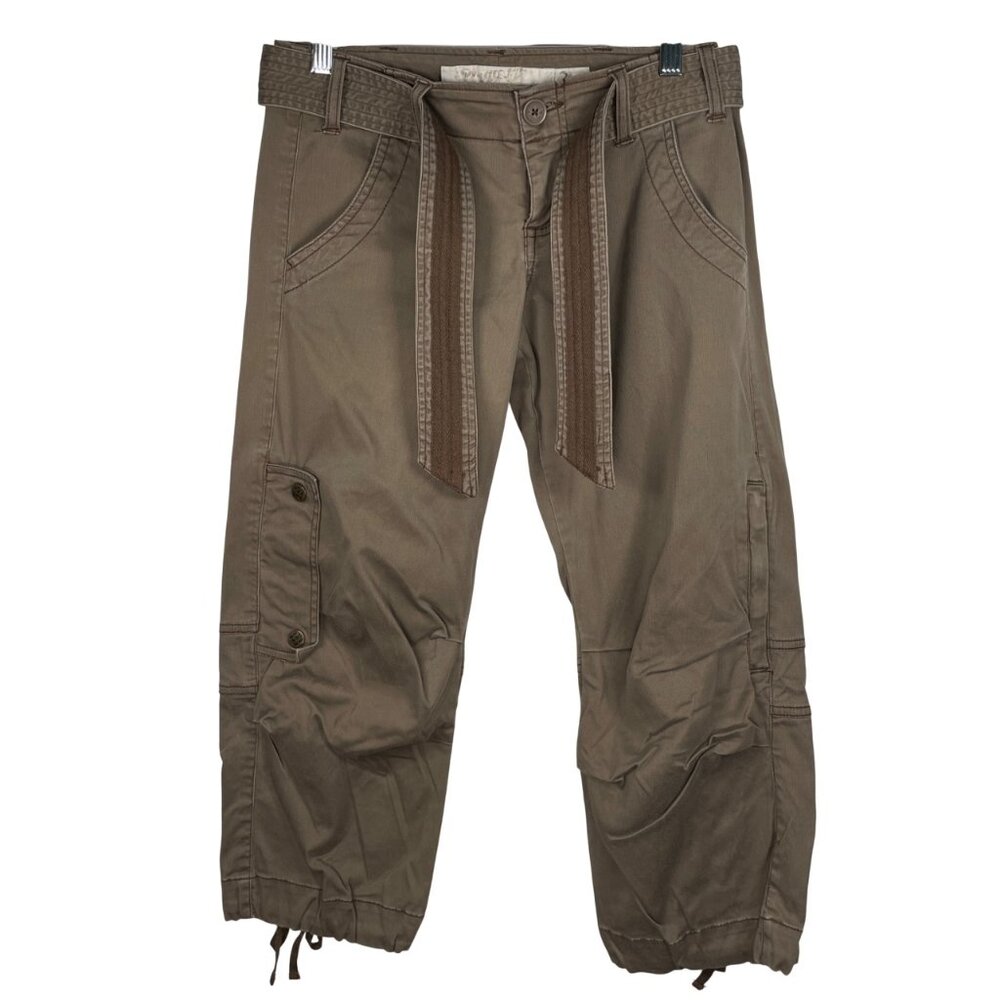 Vtg Plugg Y2K Brown Capri Cargo Pants Cotton Low-Rise Belted Adjustable Hem Ties